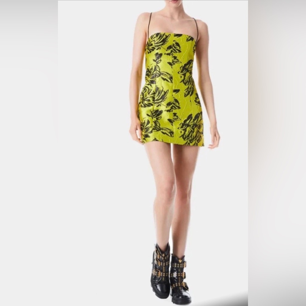 Alice + Olivia Tayla Neon Light Green/ Black  Floral Jacquard Mini Dress, Size 0